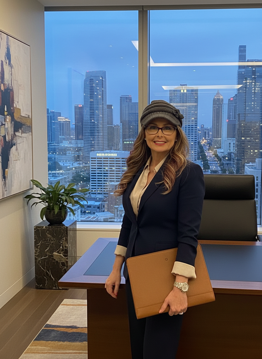 Angel Fletcher smiling in a navy suit beside a city skyline